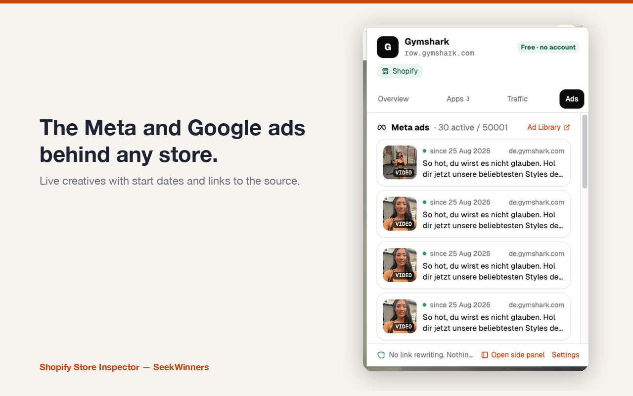 Ads tab showing Meta and Google creatives