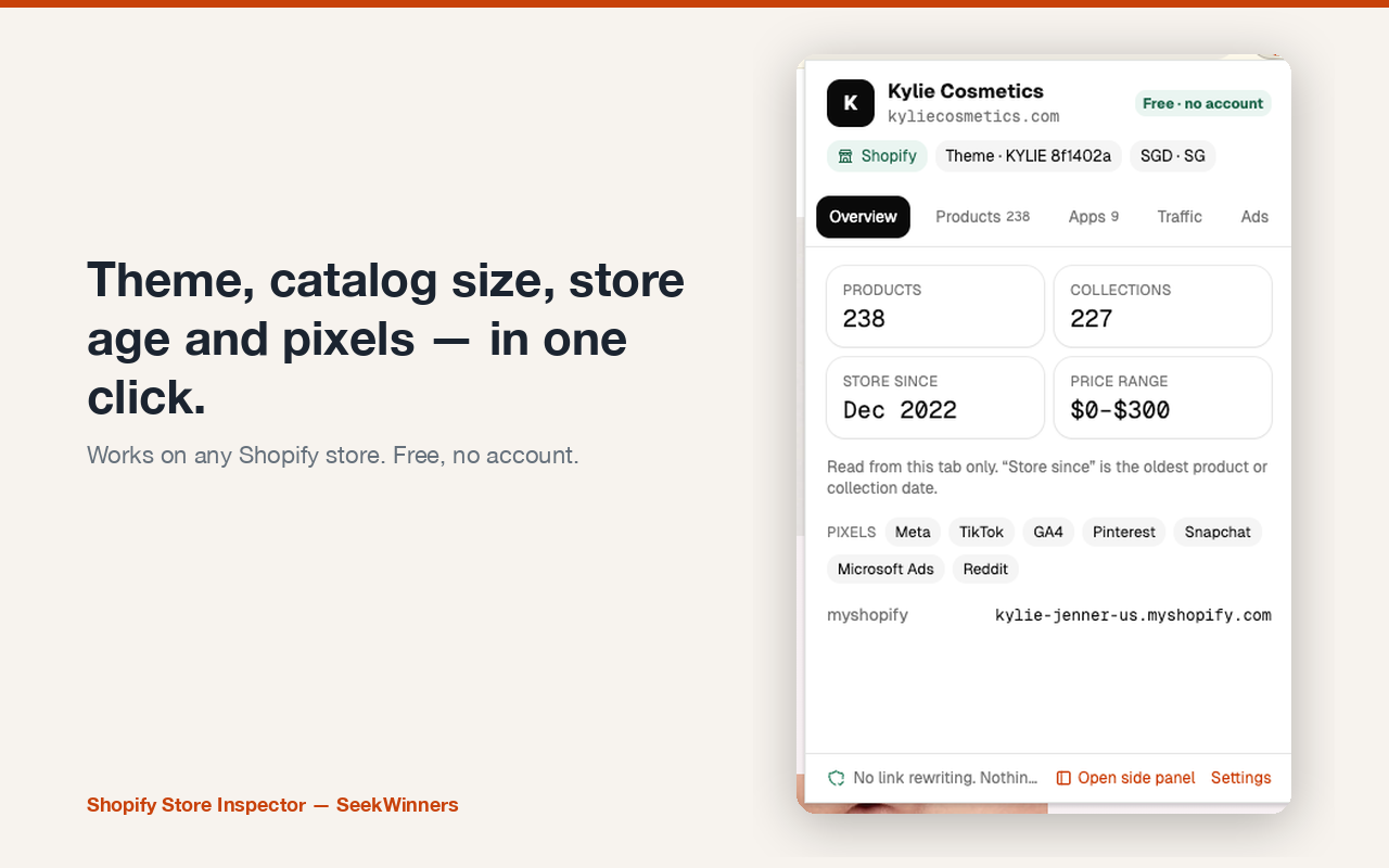 The inspector popup on a Shopify store showing theme, products, store age and pixels